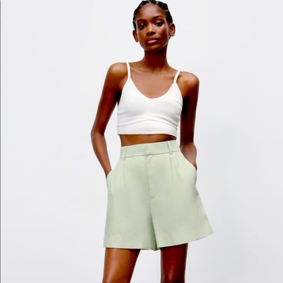 Zara XS High Waist Linen Blend Green Bermuda Shorts- NWOT - Picture 1 of 10